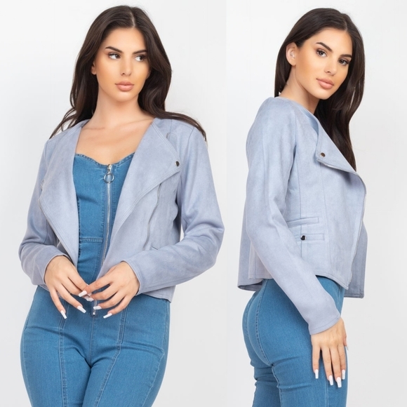 Cropped Moto Suede Jacket - Dust Blue - Picture 2 of 8